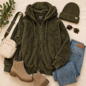 Aerie Sherpa Zip Hoodie Olive Green Cozy Faux Fur Oversized Lounge Core XS
